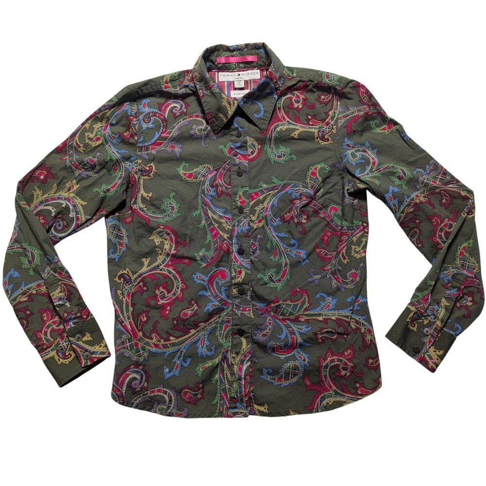 VTG Y2K Tommy Hilfiger Petite Medium Green Paisley Button Down Shirt